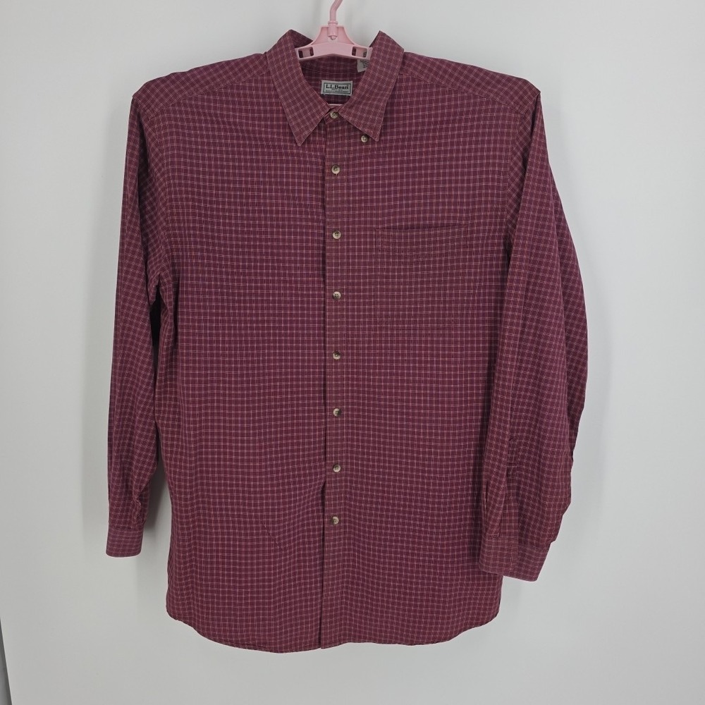 L.L. Bean Maroon Check Men's LS Cotton Button‎ Up Shirt Size XL-T